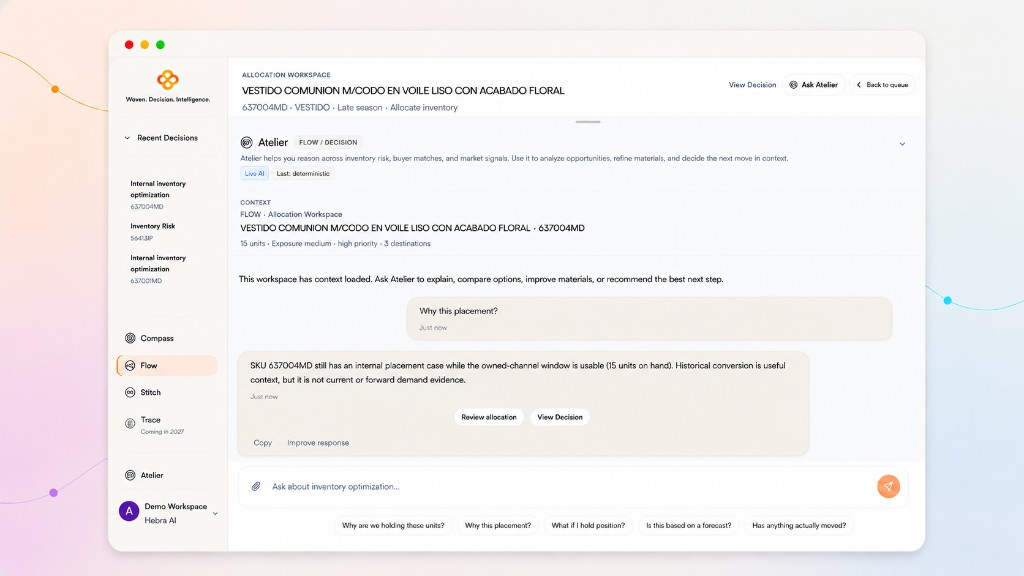 Hebra Atelier in Demo Workspace, showing a grounded conversation asking what Hebra has learned, the response, and contextual actions.