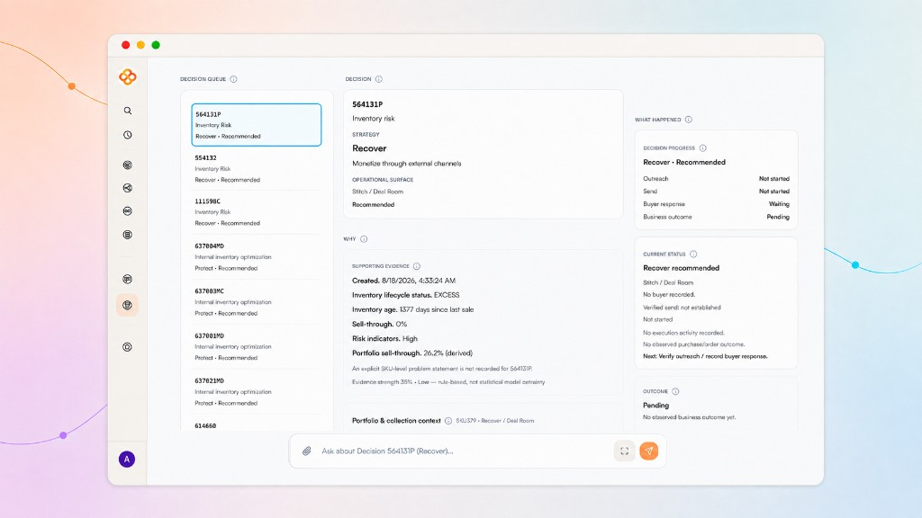 Hebra Decision Intelligence in Demo Workspace, showing the Decision Queue, a governed Recover Decision, supporting evidence, current status, and outcome.